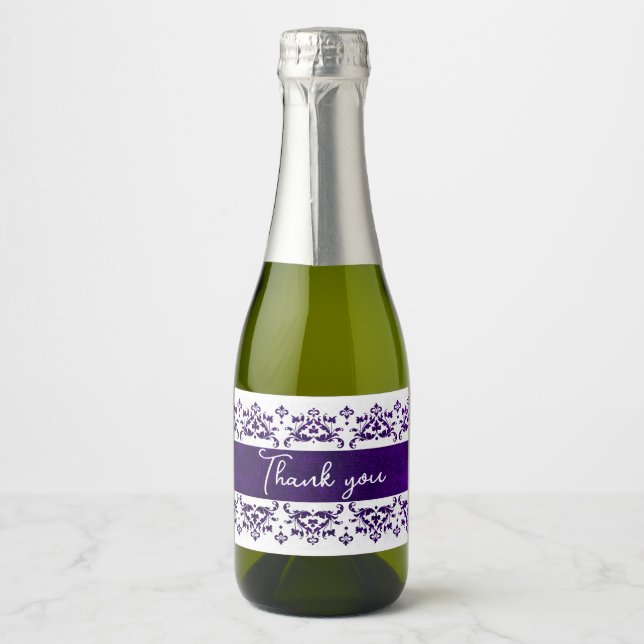 Étiquettes Pour Bouteilles De Vin Mousseux Mariage personnalisé avec Damas violet et blanc (Devant)