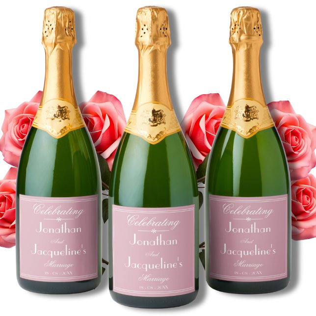 Étiquettes Pour Bouteilles De Vin Mousseux Mariage personnalisé chic Elegant Dusty Cool rose (Elegant Muted Pink with White Script Marriage Celebration Sparkling Wine Labels.)