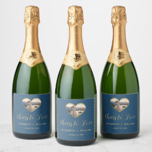Étiquettes Pour Bouteilles De Vin Mousseux Mariage personnalisé Gold & Blue pois