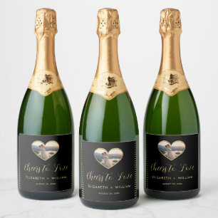 Étiquettes Pour Bouteilles De Vin Mousseux Mariage personnalisé pois dorés et noirs