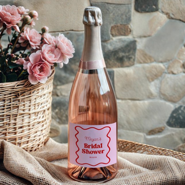Étiquettes Pour Bouteilles De Vin Mousseux Mariage Rose Rouge Bordure Ondulée (Créateur téléchargé)