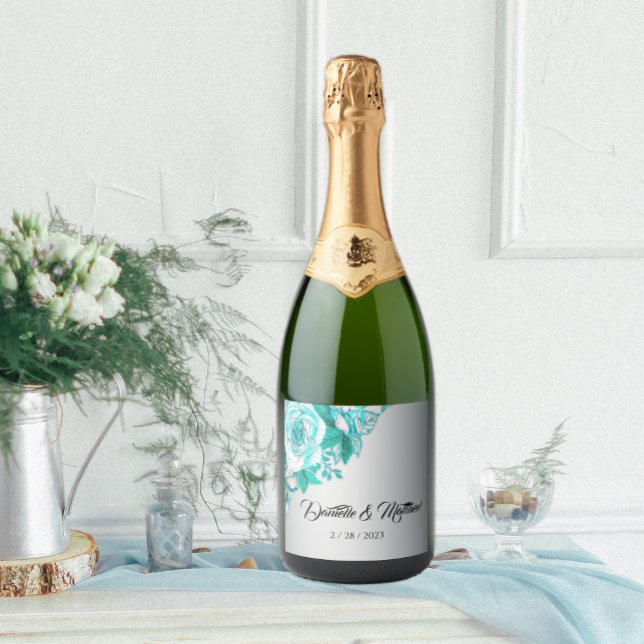 Étiquettes Pour Bouteilles De Vin Mousseux Mariage Rose Silver et Aqua (Créateur téléchargé)