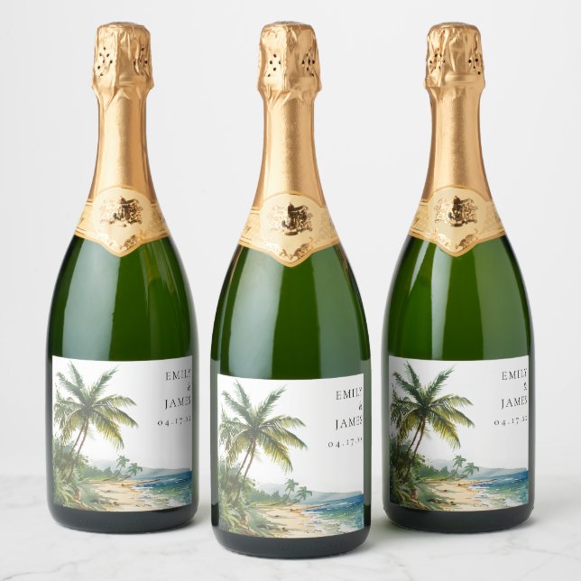 Étiquettes Pour Bouteilles De Vin Mousseux Mariage Tropical de Plage à l'Aquarelle Moderne (Bouteilles)
