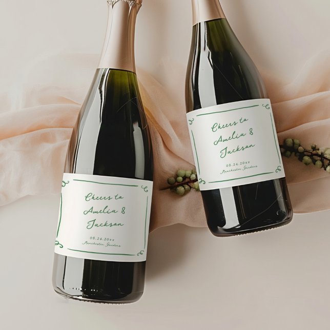 Étiquettes Pour Bouteilles De Vin Mousseux Mariage vert à main lunaire tiré (Créateur téléchargé)