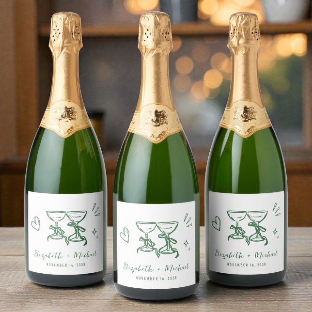 Étiquettes Pour Bouteilles De Vin Mousseux Mariage Vert Dessiné à la Main Fantaisiste (Whimsical Hand Drawn Green Wedding Sparkling Wine Label)