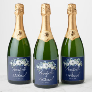 Étiquettes Pour Bouteilles De Vin Mousseux Marine Bleu Blanc Floral Moderne Mariage du soir