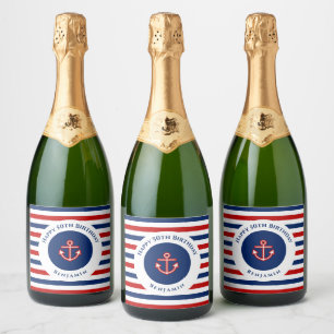 Étiquettes Pour Bouteilles De Vin Mousseux Marine marine Bleu Rouge Blanc rayures