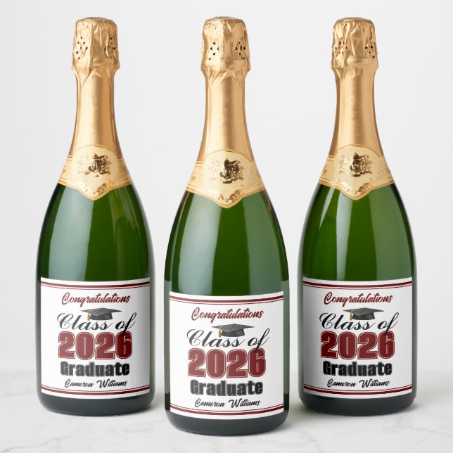 Étiquettes Pour Bouteilles De Vin Mousseux Maroon Class of 2026 Graduation Party Custom (Bouteilles)