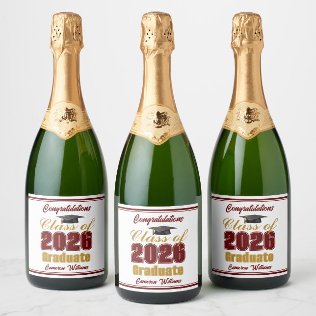 Étiquettes Pour Bouteilles De Vin Mousseux Maroon Gold Class of 2026 Custom Graduation Party (Bouteilles)