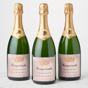 Étiquettes Pour Bouteilles De Vin Mousseux Masquerade rose gouttes d'or fête d'anniversaire