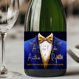 Étiquettes Pour Bouteilles De Vin Mousseux Mens Royal Blue Gold Tuxedo Anniversaire Champagne