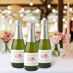 Étiquettes Pour Bouteilles De Vin Mousseux Mini Fête des mariées florale rose-bleu or