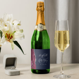 Étiquettes Pour Bouteilles De Vin Mousseux Moderne Burgundy Argent Agate Marine Mariage bleu