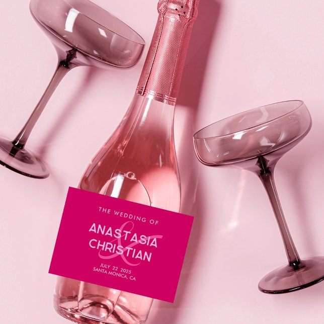 Étiquettes Pour Bouteilles De Vin Mousseux Moderne et Gras Mariage Magenta (Créateur téléchargé)