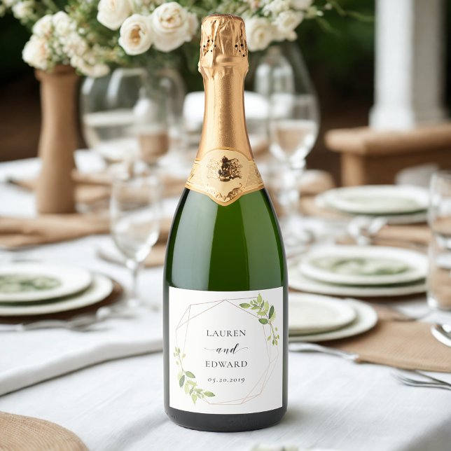 Étiquettes Pour Bouteilles De Vin Mousseux Moderne Géométrique de la verdure Mariage personna (Créateur téléchargé)