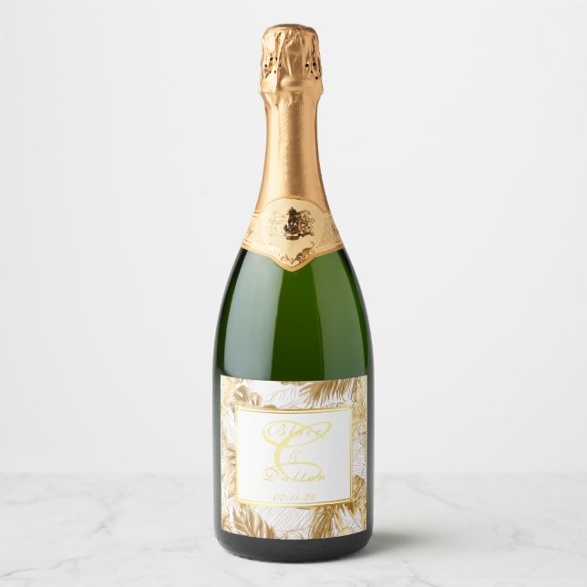 Étiquettes Pour Bouteilles De Vin Mousseux Monogramme Elegant Monstera Gilded Gold Mariage (Devant)