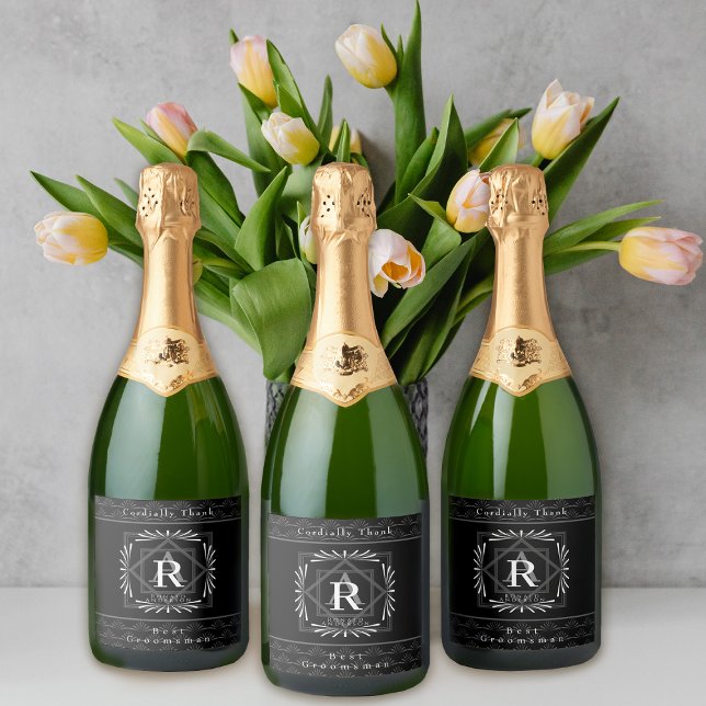 Étiquettes Pour Bouteilles De Vin Mousseux Monogramme noir cadre élégant (Modern stylish Monogram Design. )