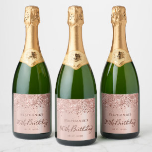 Étiquettes Pour Bouteilles De Vin Mousseux Monogramme Rose Gold Parties scintillant 90e anniv