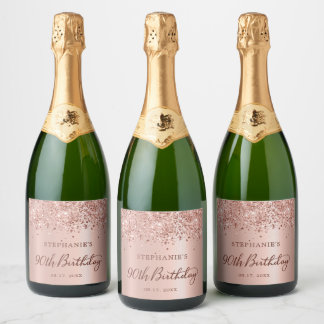Étiquettes Pour Bouteilles De Vin Mousseux Monogramme Rose Gold Parties scintillant 90e anniv