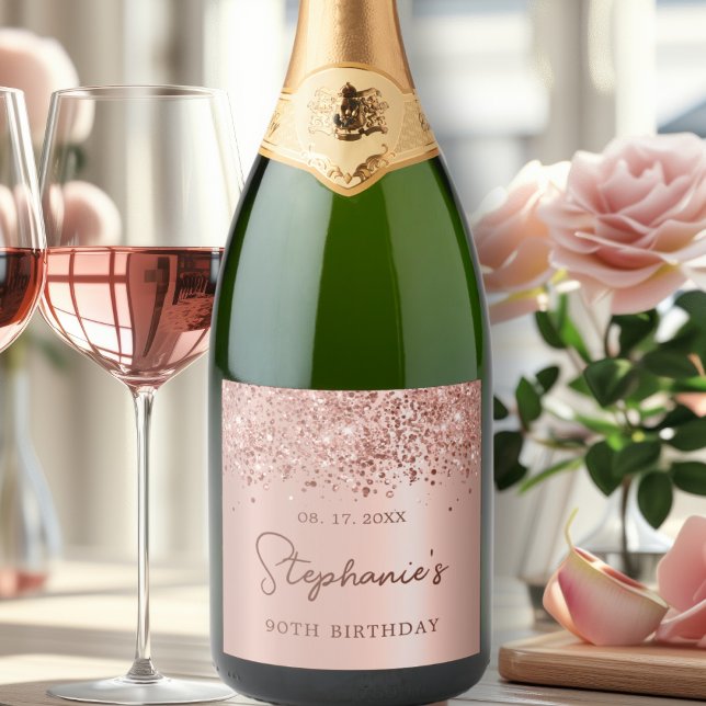 Étiquettes Pour Bouteilles De Vin Mousseux Monogramme Rose Gold Parties scintillant 90e anniv (Créateur téléchargé)