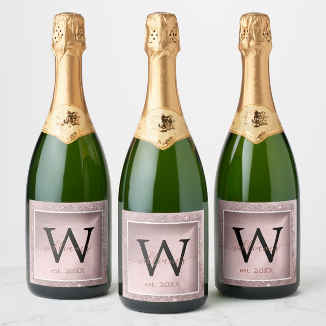 Étiquettes Pour Bouteilles De Vin Mousseux Monogramme rose Parties scintillant or (Bouteilles)