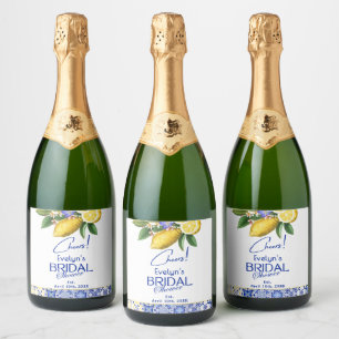 Étiquettes Pour Bouteilles De Vin Mousseux Mosaïque italienne Carrelage bleu et citrons Fête 