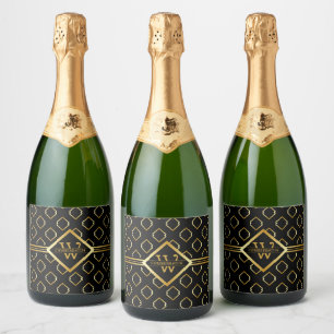 Étiquettes Pour Bouteilles De Vin Mousseux Motif géométrique en OR FAUX avec monogramme sur F