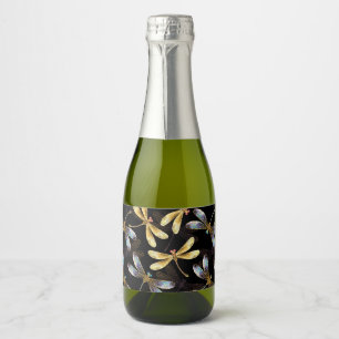 Étiquettes Pour Bouteilles De Vin Mousseux Motif sans couture avec libellules d'or