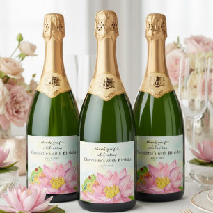 Étiquettes Pour Bouteilles De Vin Mousseux Nénuphar rose et grenouille arboricole Anniversair