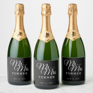 Étiquettes Pour Bouteilles De Vin Mousseux Noir et blanc M. et Mme Mariage