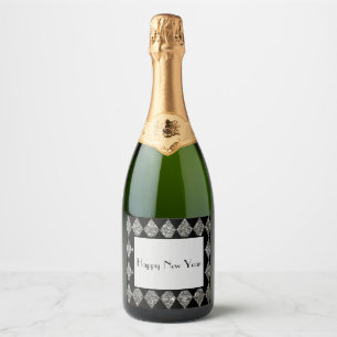 Étiquettes Pour Bouteilles De Vin Mousseux Noir et diamant argenté Gatsby Nouvel An des année