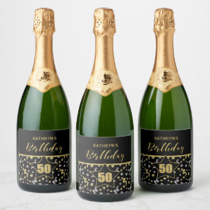 Étiquettes Pour Bouteilles De Vin Mousseux Nom 50e anniversaire Confetti Thème en Or sur Noir