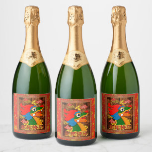 Étiquettes Pour Bouteilles De Vin Mousseux Nouvel An Chinois Dragon découpé en papier Bois Ro