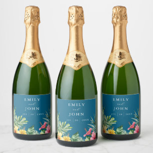 Étiquettes Pour Bouteilles De Vin Mousseux Océan Bleu Aquarelle Mariage floral tropical
