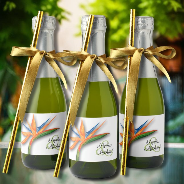 Étiquettes Pour Bouteilles De Vin Mousseux Oiseau exotique du Paradis Aquarelle Mariage Mini (Bird of paradise tropical mini sparkling wine labels personalized for your wedding)