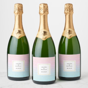 Étiquettes Pour Bouteilles De Vin Mousseux Ombre bleu rose avec lignes or minces - Mariage