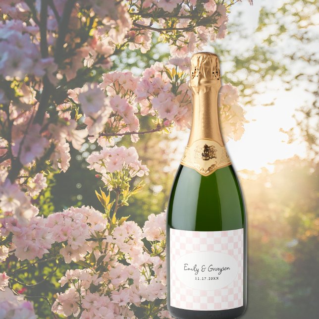 Étiquettes Pour Bouteilles De Vin Mousseux Painted Pink Checkerboard Pattern Wedding (Créateur téléchargé)