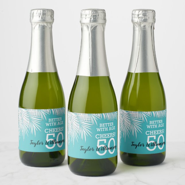 Étiquettes Pour Bouteilles De Vin Mousseux Palmiers tropicaux Anniversaire Turquoise Mini (Bouteilles)