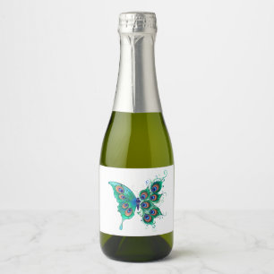 Étiquettes Pour Bouteilles De Vin Mousseux Papillon aux plumes de paon vert