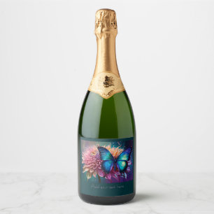 Étiquettes Pour Bouteilles De Vin Mousseux Papillon bleu et Dahlia