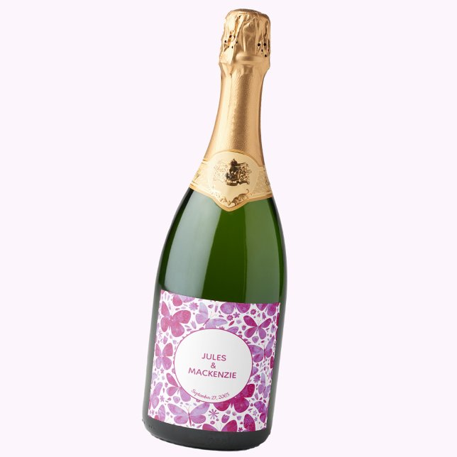 Étiquettes Pour Bouteilles De Vin Mousseux Papillons Aquarelle Magenta Rose Boho moderne (Butterfly watercolor modern wedding personalized sparkling wine bottle label)