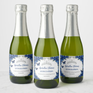 Étiquettes Pour Bouteilles De Vin Mousseux Papillons argentés Quinceañera florale bleu royal