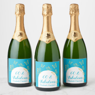Étiquettes Pour Bouteilles De Vin Mousseux Papillons bleu or moderne Fabuleux anniversaire