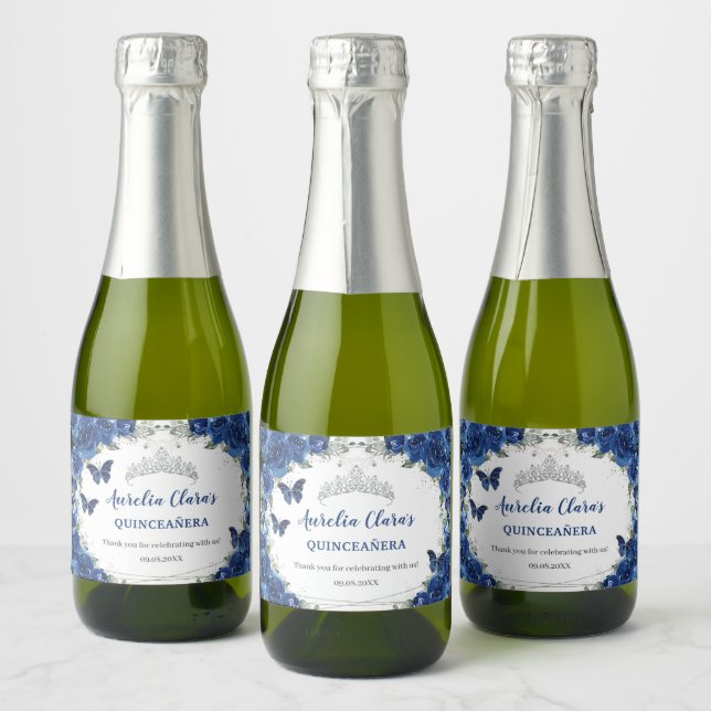 Étiquettes Pour Bouteilles De Vin Mousseux Papillons d'argent Royal Blue Floral Quinceañera (Bouteilles)