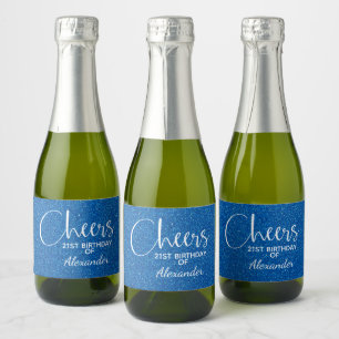 Étiquettes Pour Bouteilles De Vin Mousseux Parties scintillant bleue Faux Anniversaire Mini