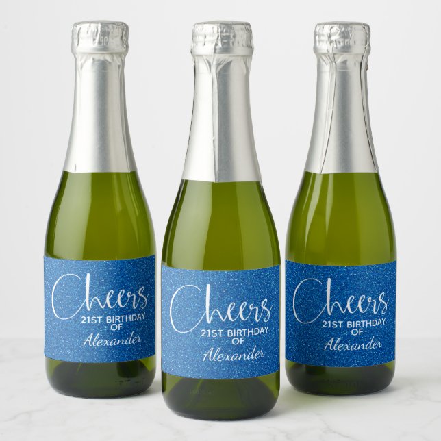 Étiquettes Pour Bouteilles De Vin Mousseux Parties scintillant bleue Faux Anniversaire Mini (Bouteilles)