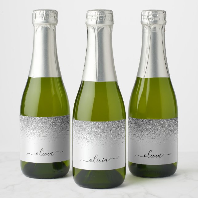 Étiquettes Pour Bouteilles De Vin Mousseux Parties scintillant Monogramme Argent Sparkle Girl (Bouteilles)