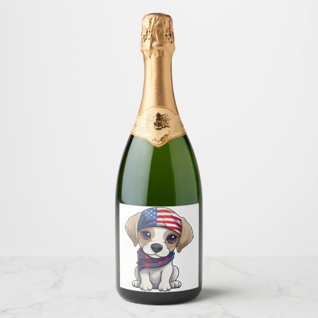 Étiquettes Pour Bouteilles De Vin Mousseux Patriotic Puppy - Style 14  (Devant)