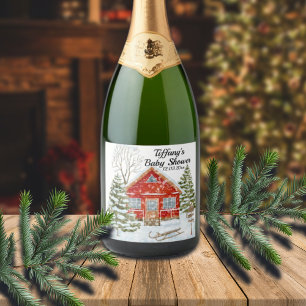 Étiquettes Pour Bouteilles De Vin Mousseux Paysage d'hiver Baby shower de la Maison Rouge