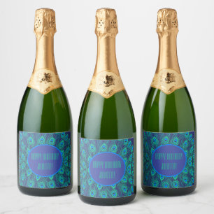 Étiquettes Pour Bouteilles De Vin Mousseux Peacock Bright Turquoise Bleu Personnalisé Anniver